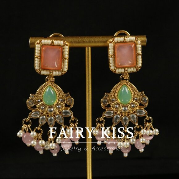 Vintage Gold Tone Pink Bead Drop Earrings - Picture 2 of 4